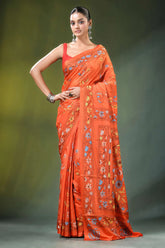 Orange floral design hand embroidered silk kantha saree vibrant adorned 6