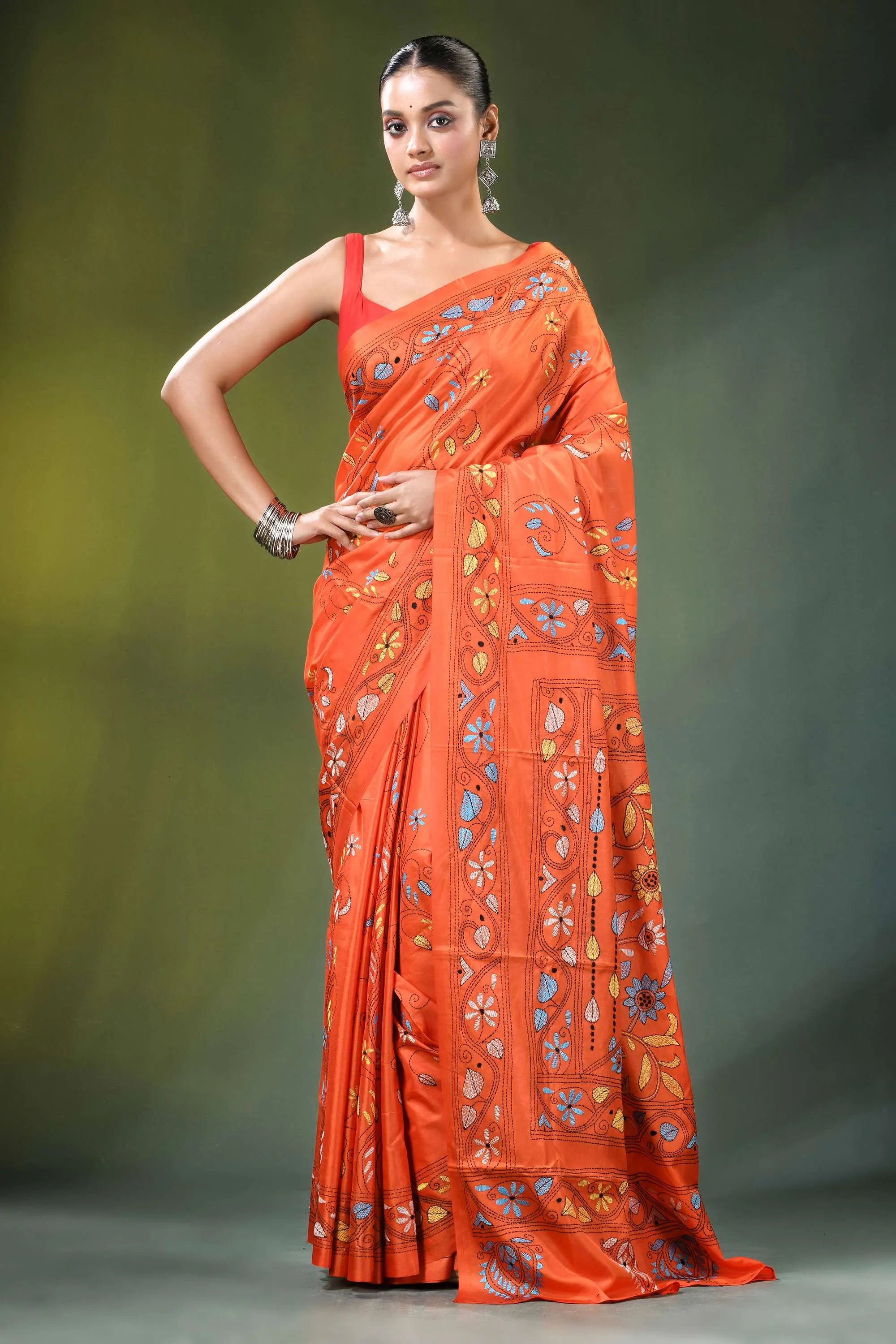 Orange floral design hand embroidered silk kantha saree vibrant adorned 6