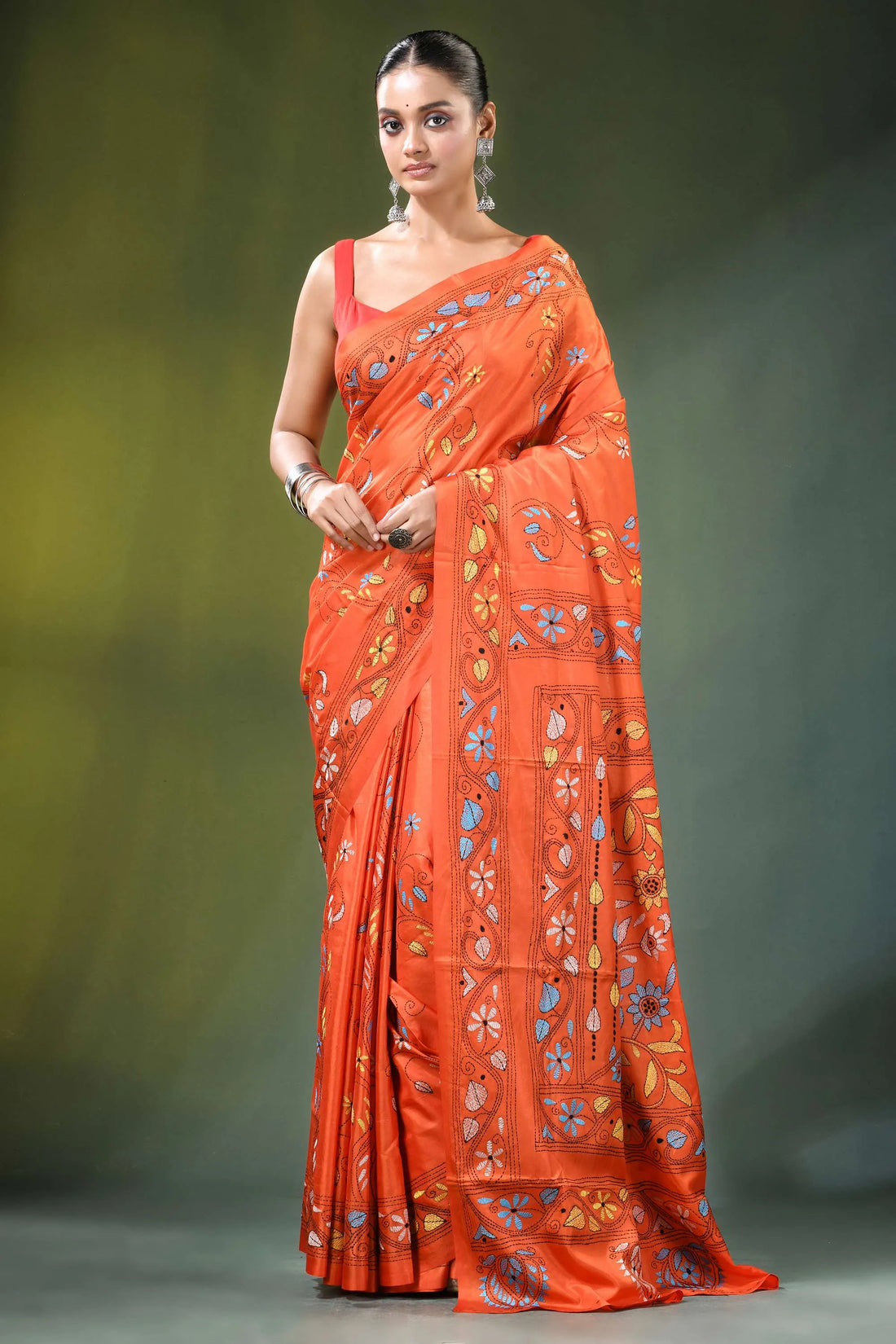 Orange floral design hand embroidered silk kantha saree vibrant intricate 1