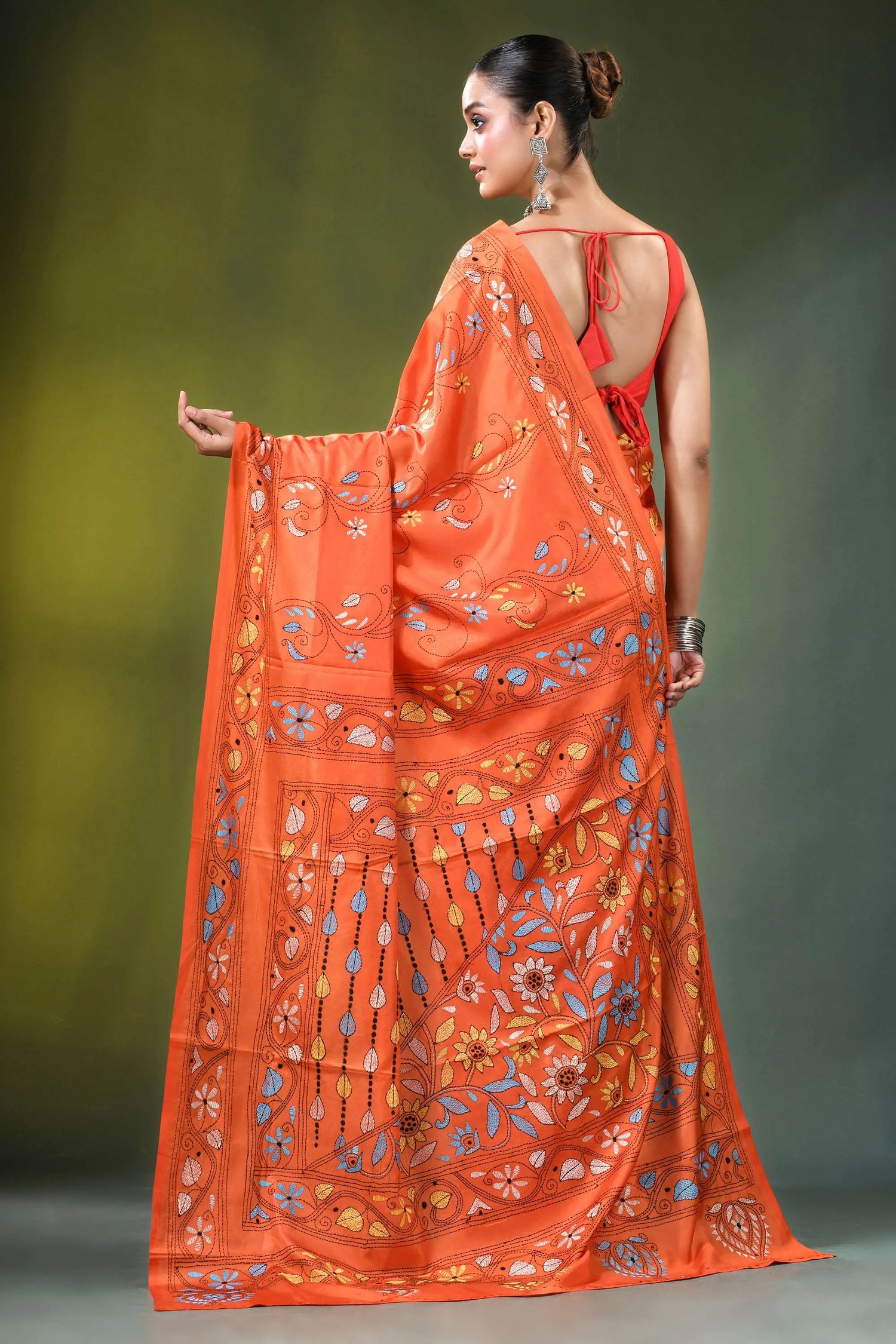 Orange floral design hand embroidered silk kantha saree vibrant adorned 5