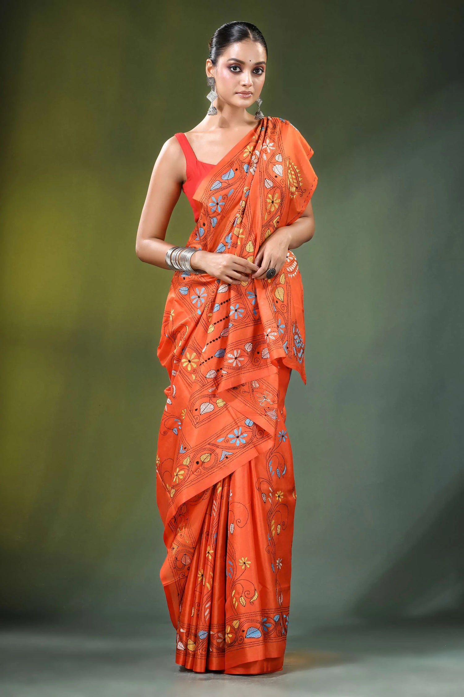 Orange floral design hand embroidered silk kantha saree vibrant intricate 4