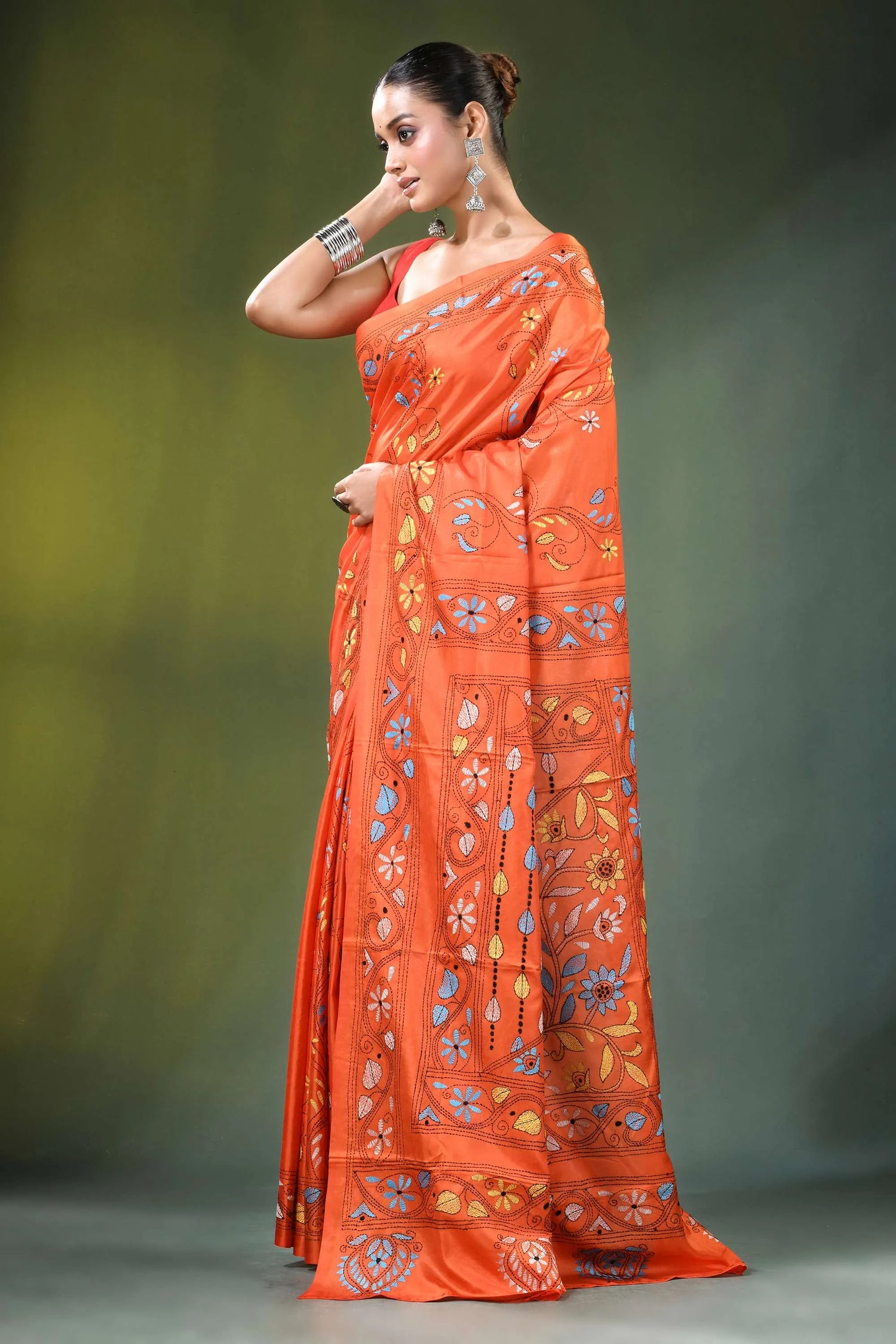 Orange floral design hand embroidered silk kantha saree vibrant intricate 3