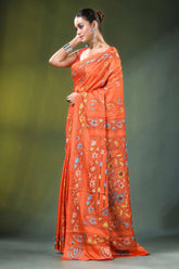 Orange floral design hand embroidered silk kantha saree vibrant intricate 3
