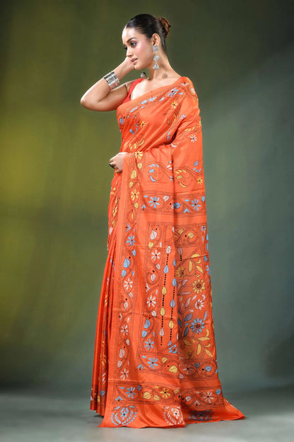 Orange floral design hand embroidered silk kantha saree vibrant intricate 3