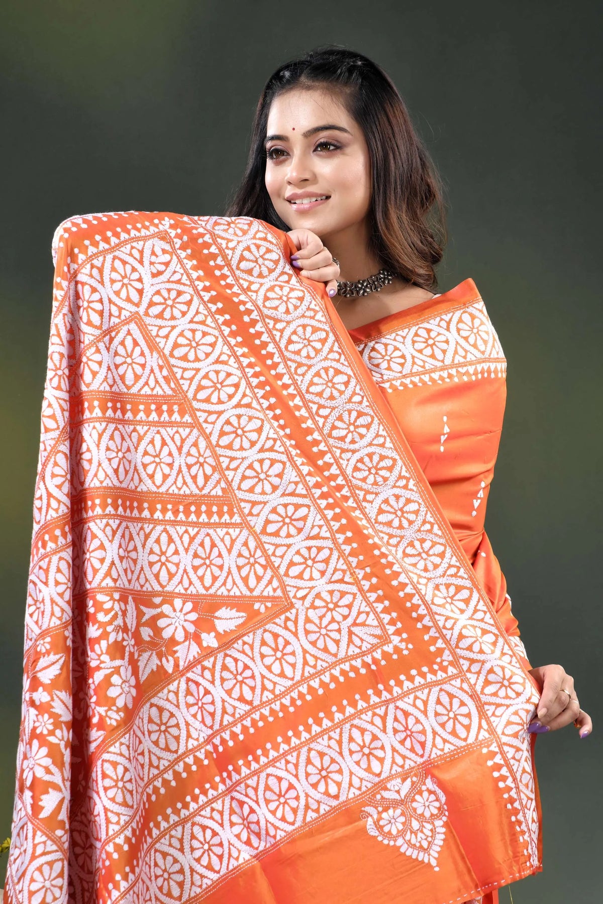 Orange floral design hand embroidered silk kantha stitch saree 2