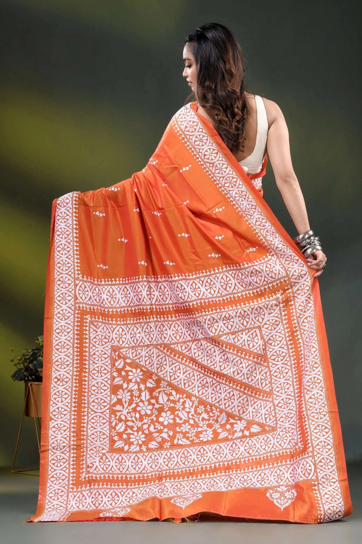 Orange floral design hand embroidered silk kantha stitch saree 5