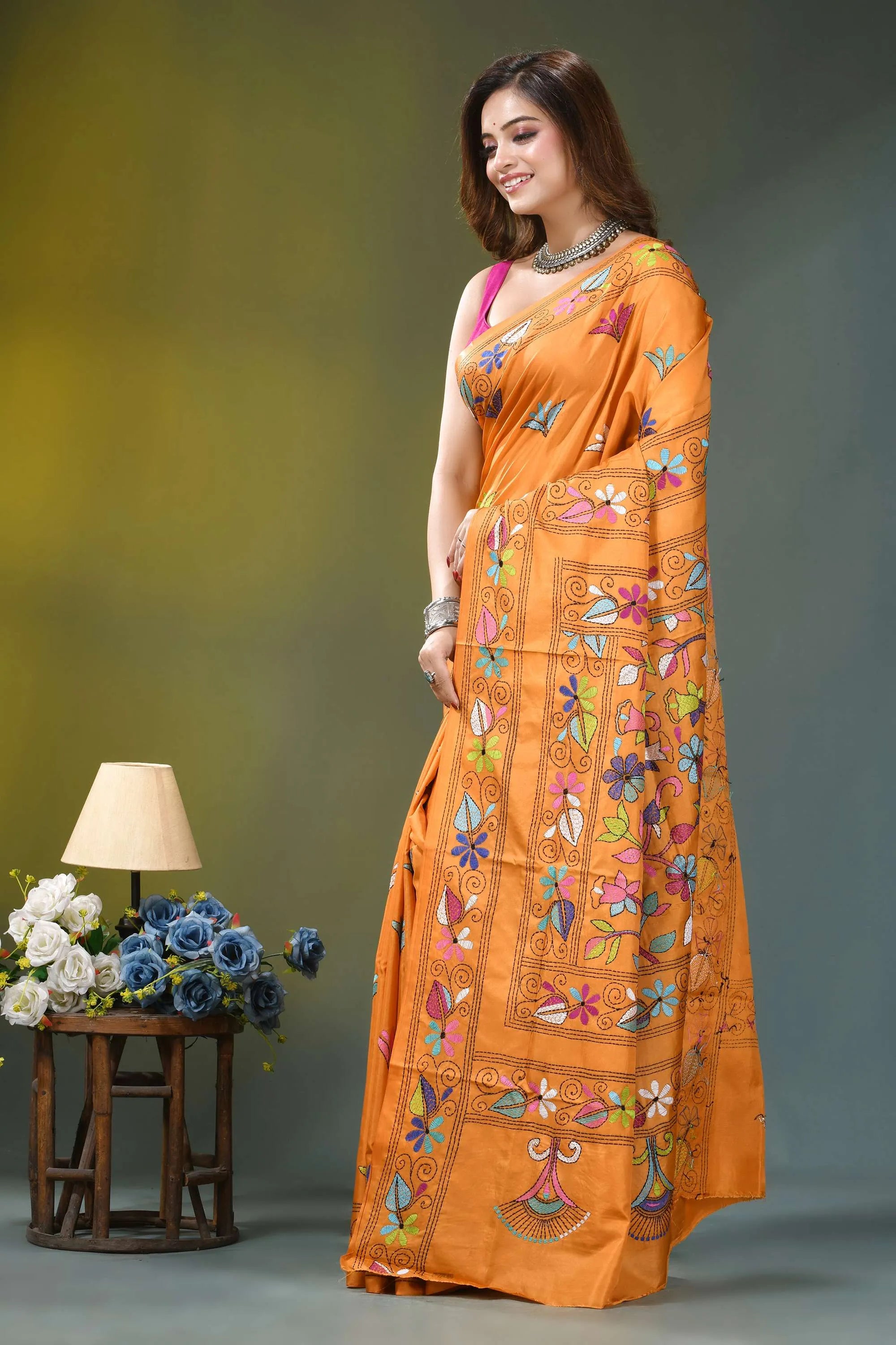 Orange floral design handcrafted kantha silk saree vibrant orange saree adorned intricate 3