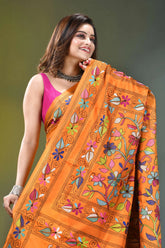 Orange floral design handcrafted kantha silk saree vibrant orange saree intricate floral 2