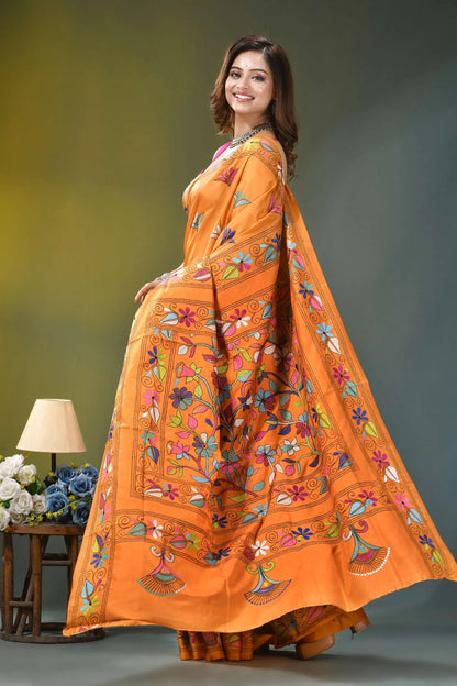 Orange floral design handcrafted kantha silk saree vibrant orange saree intricate multicolored 4