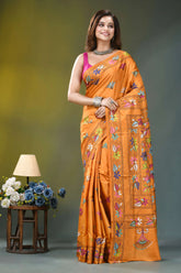 Orange floral design handcrafted kantha silk saree vibrant orange silk saree adorned 7