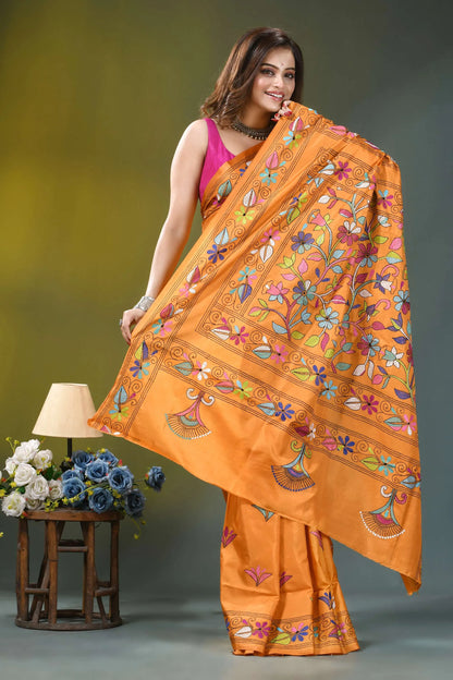 Orange floral design handcrafted kantha silk saree vibrant orange silk saree intricate 6