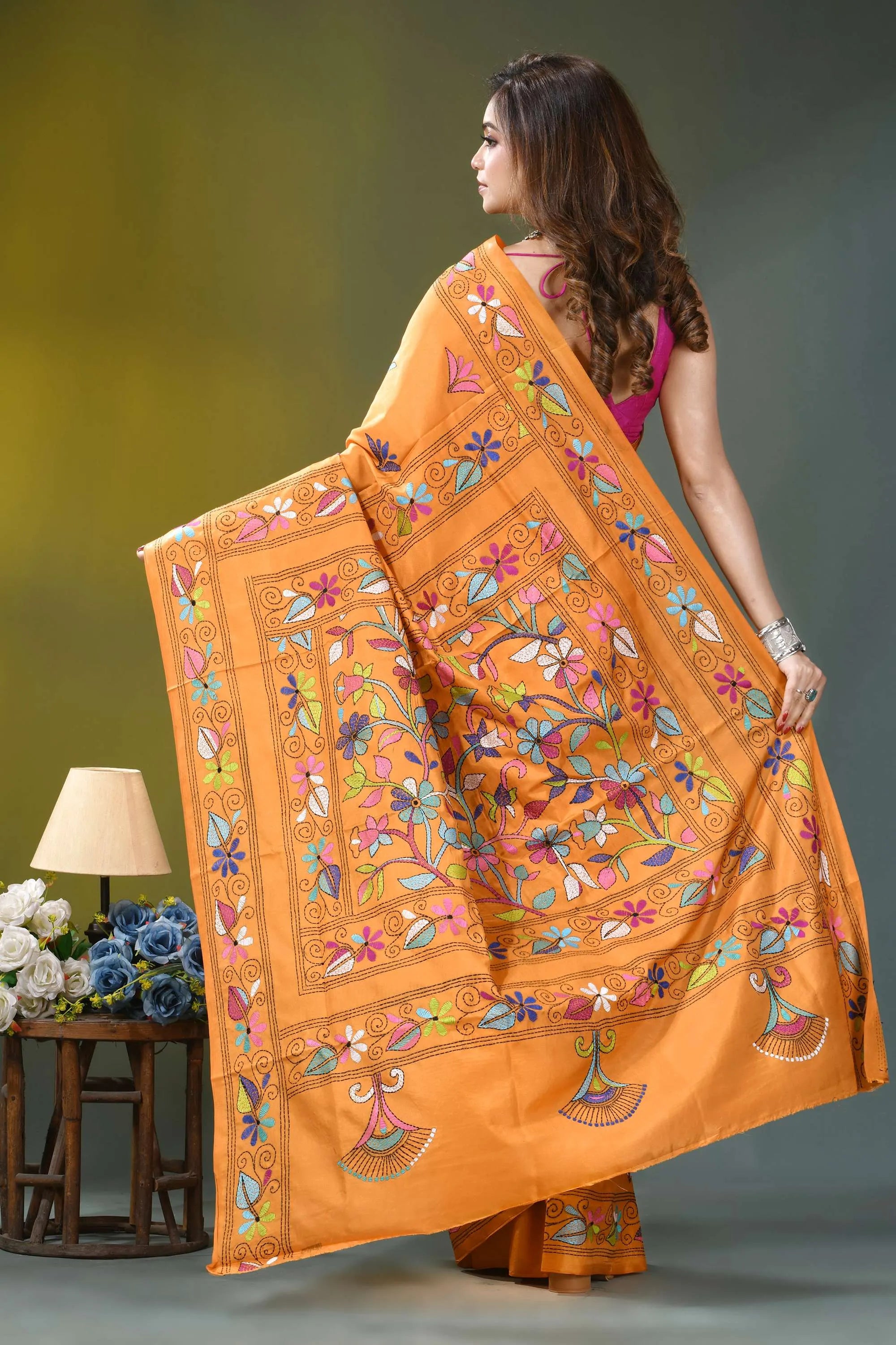 Orange floral design handcrafted kantha silk saree vibrant orange saree intricate multicolored 5