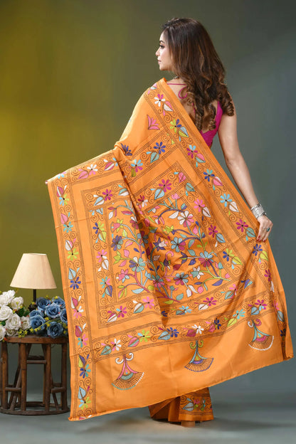 Orange floral design handcrafted kantha silk saree vibrant orange saree intricate multicolored 5