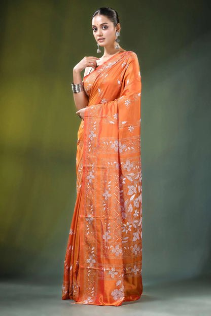 Orange floral motif hand embroidered silk kantha saree vibrant intricate white 3