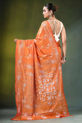 Orange floral motif hand embroidered silk kantha saree vibrant intricate white 5