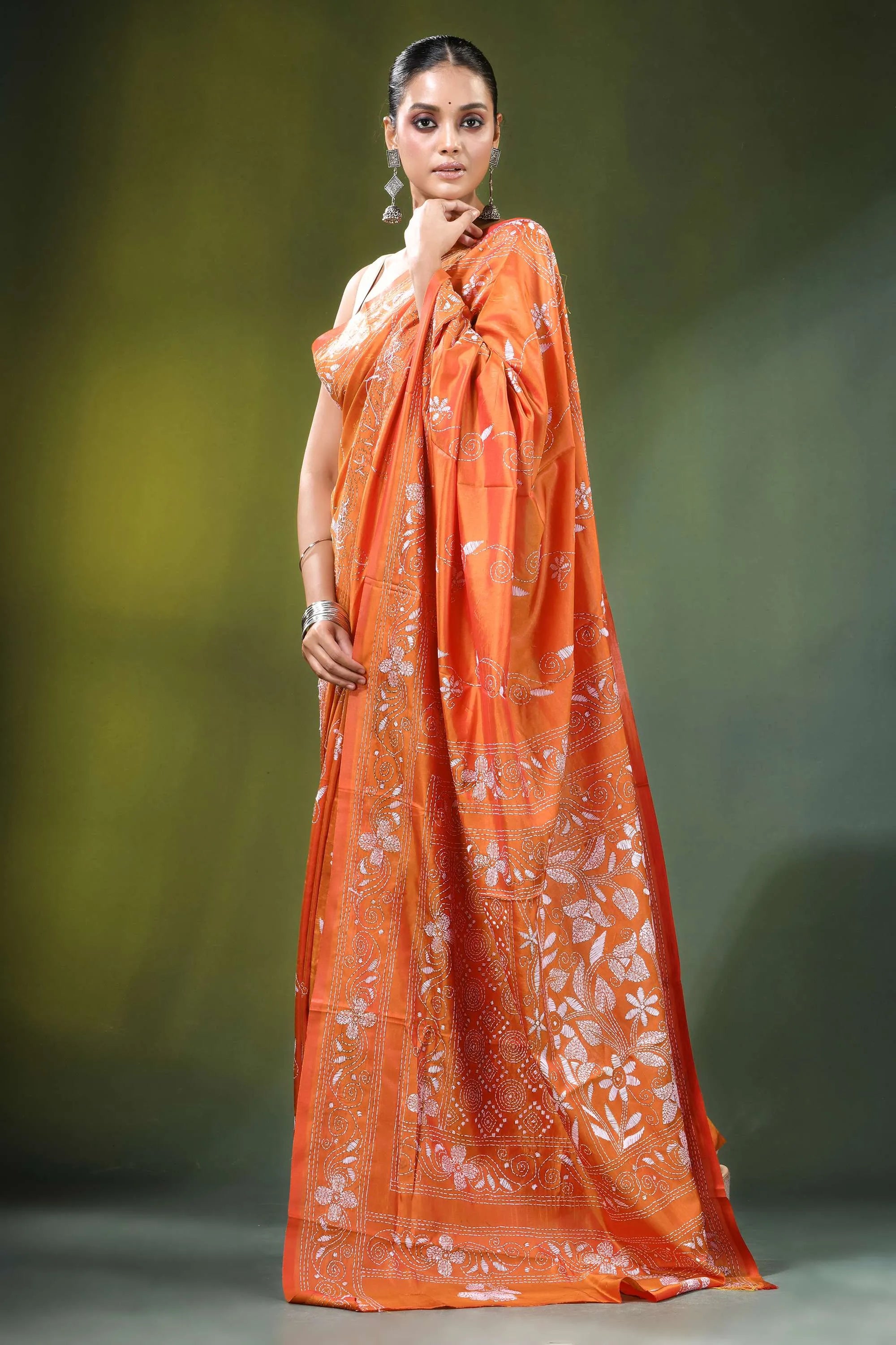 Orange floral motif hand embroidered silk kantha saree vibrant intricate white 4