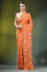 Orange floral motif hand embroidered silk kantha saree vibrant intricate white 1