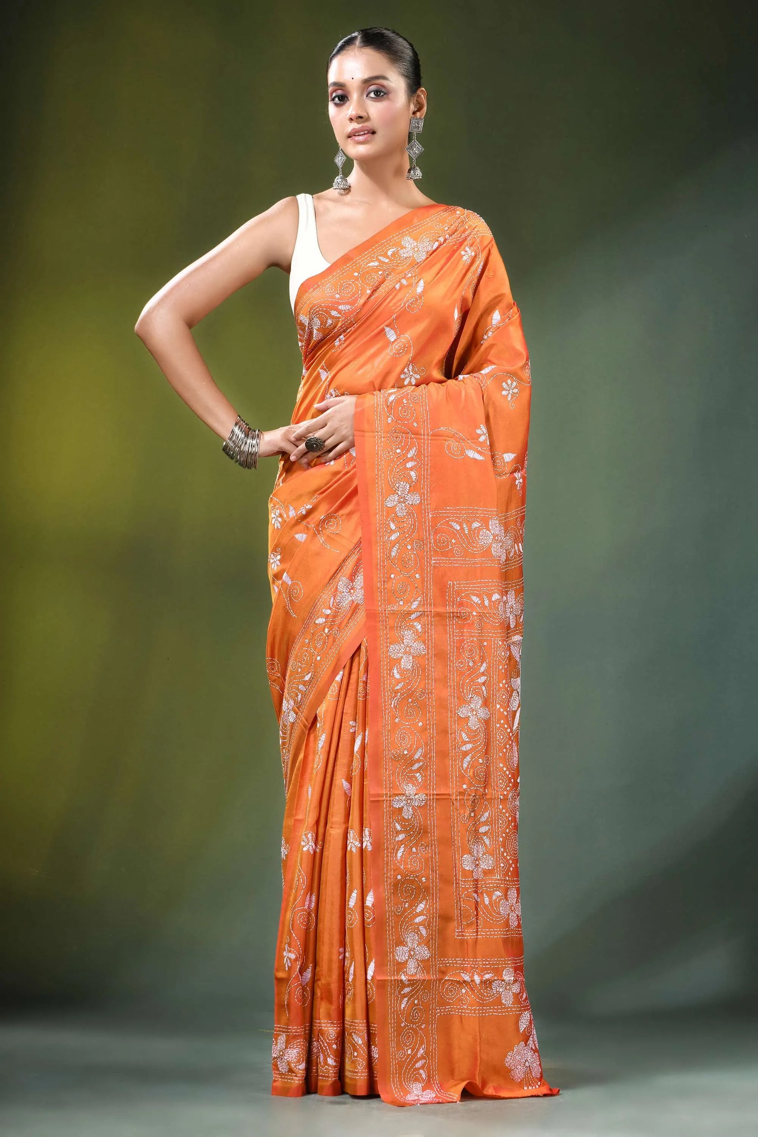 Orange floral motif hand embroidered silk kantha saree white embroidery 6