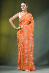 Orange floral motif hand embroidered silk kantha saree white embroidery 6