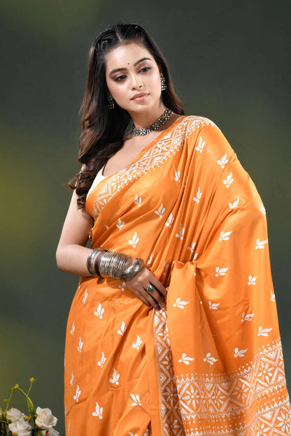 Orange geometric floral design handmade silk kantha work saree 2