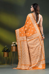 Orange geometric floral design handmade silk kantha work saree 4