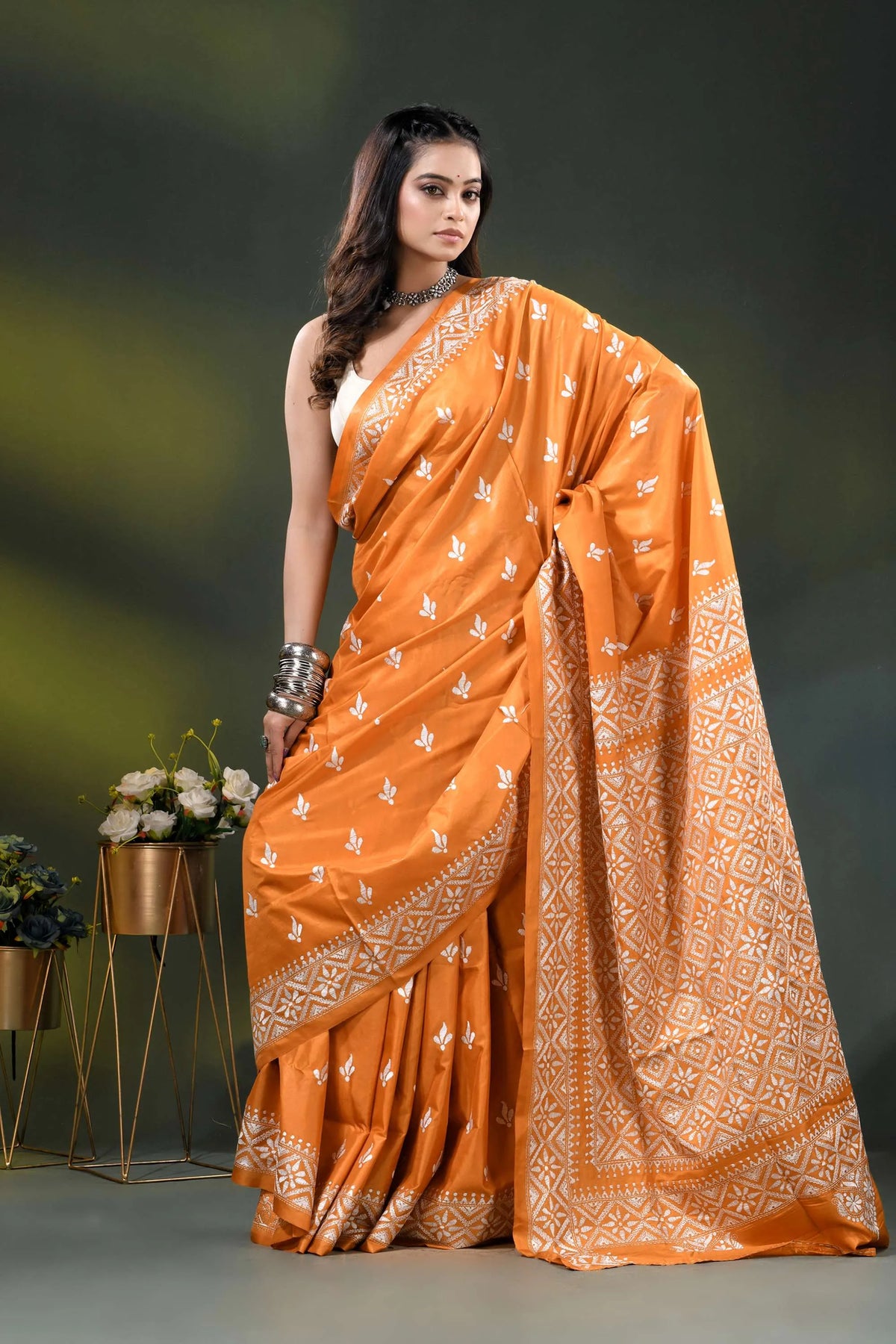Orange geometric floral design handmade silk kantha work saree 5