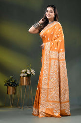 Orange geometric floral design handmade silk kantha work saree 3