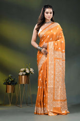 Orange geometric floral design handmade silk kantha work saree 1