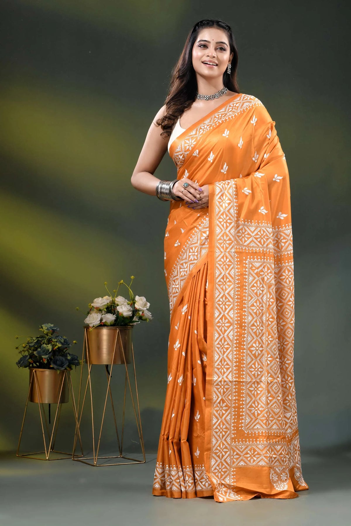 Orange geometric floral design handmade silk kantha work saree 6