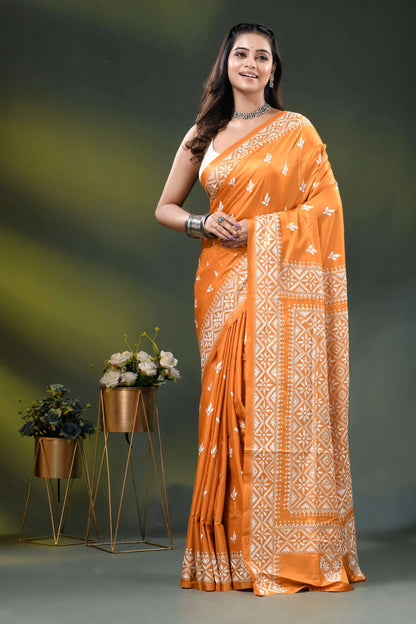 Orange geometric floral design handmade silk kantha work saree 6