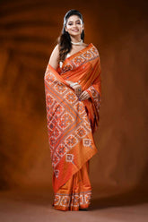 Orange gujarati stitch silk saree with handcrafted geometric design 4