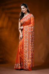 Orange gujarati stitch silk saree with handcrafted geometric design 3