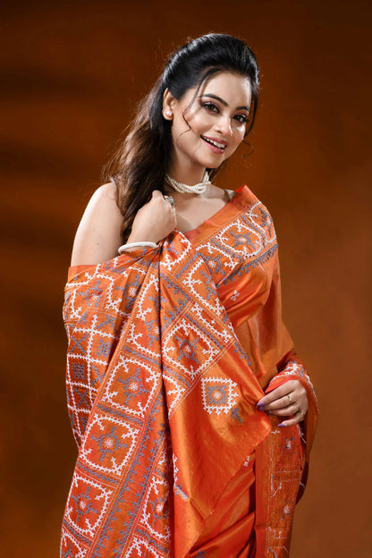 Orange gujarati stitch silk saree with handcrafted geometric design 2