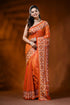 Orange gujarati stitch silk saree with handcrafted geometric design 1