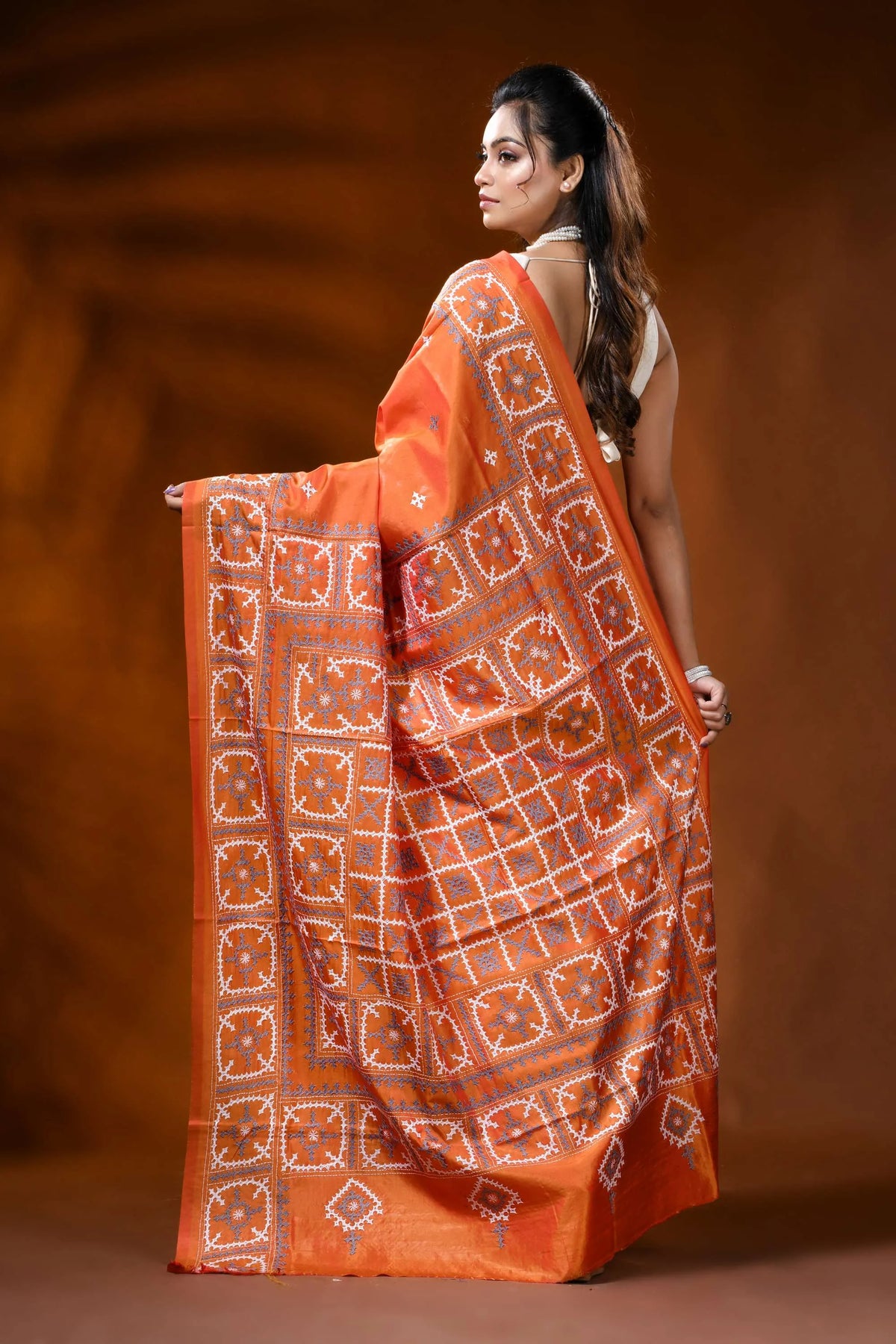 Orange gujarati stitch silk saree with handcrafted geometric design 5
