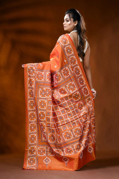 Orange gujarati stitch silk saree with handcrafted geometric design 5