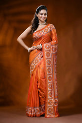 Orange gujarati stitch silk saree with handcrafted geometric design 6