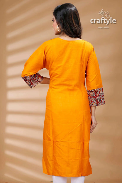 Orange kantha with kalamkari patchwork cotton kurti mustard-yellow kurta patterned cuffs 5