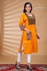 Orange Kantha with Kalamkari Patchwork Cotton Kurti - Craftyle