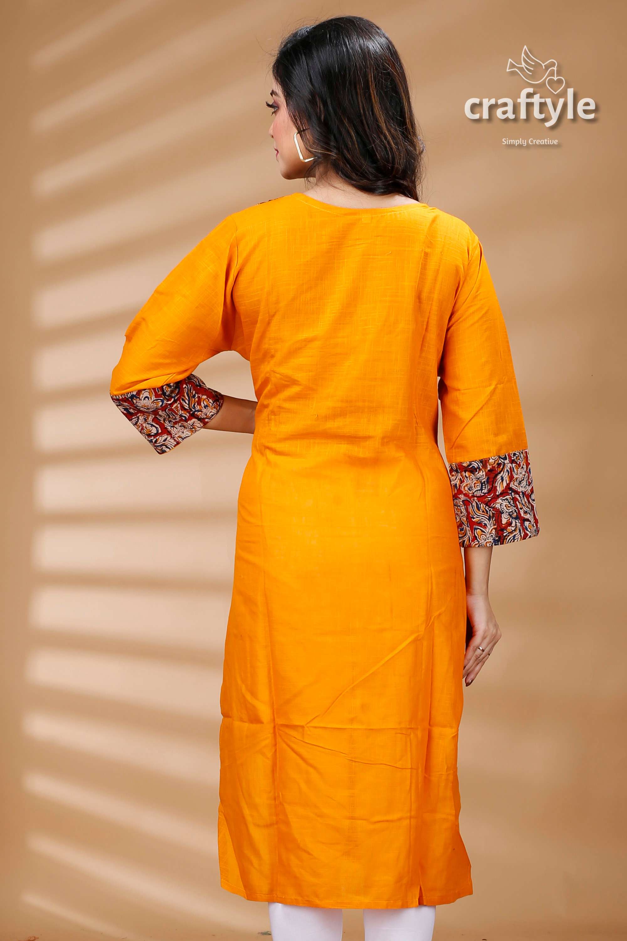 Orange Kantha with Kalamkari Patchwork Cotton Kurti - Craftyle
