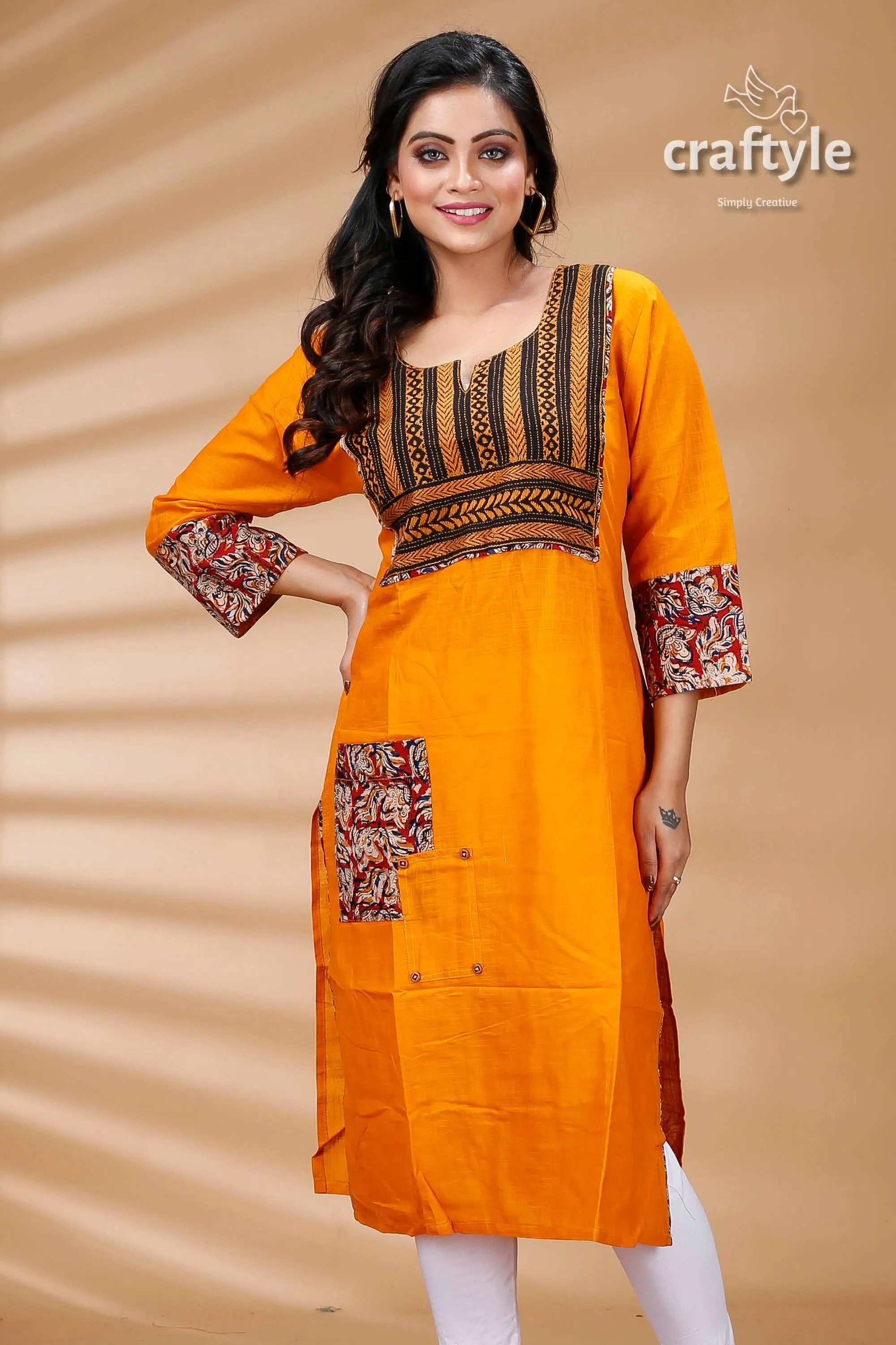 Orange kantha with kalamkari patchwork cotton kurti orange kurta patterned accents 3