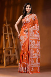 Orange silk gujarati stitch saree with hand embroidered paisley design 6