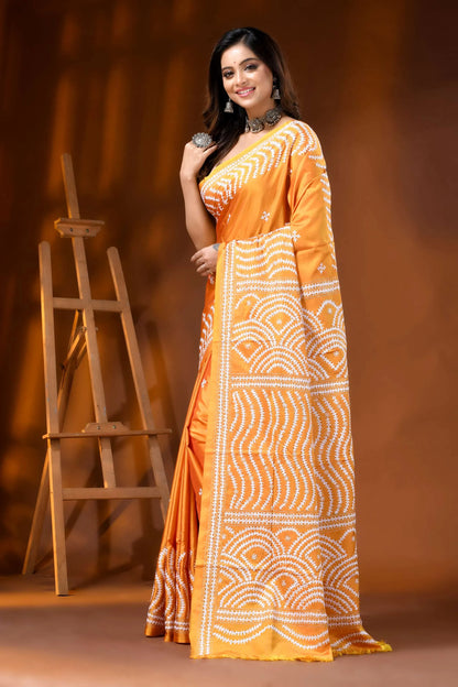 Orange silk handmade kutch work saree with geometric design 3