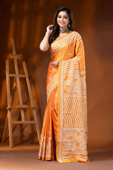 Orange silk handmade kutch work saree with geometric design 6