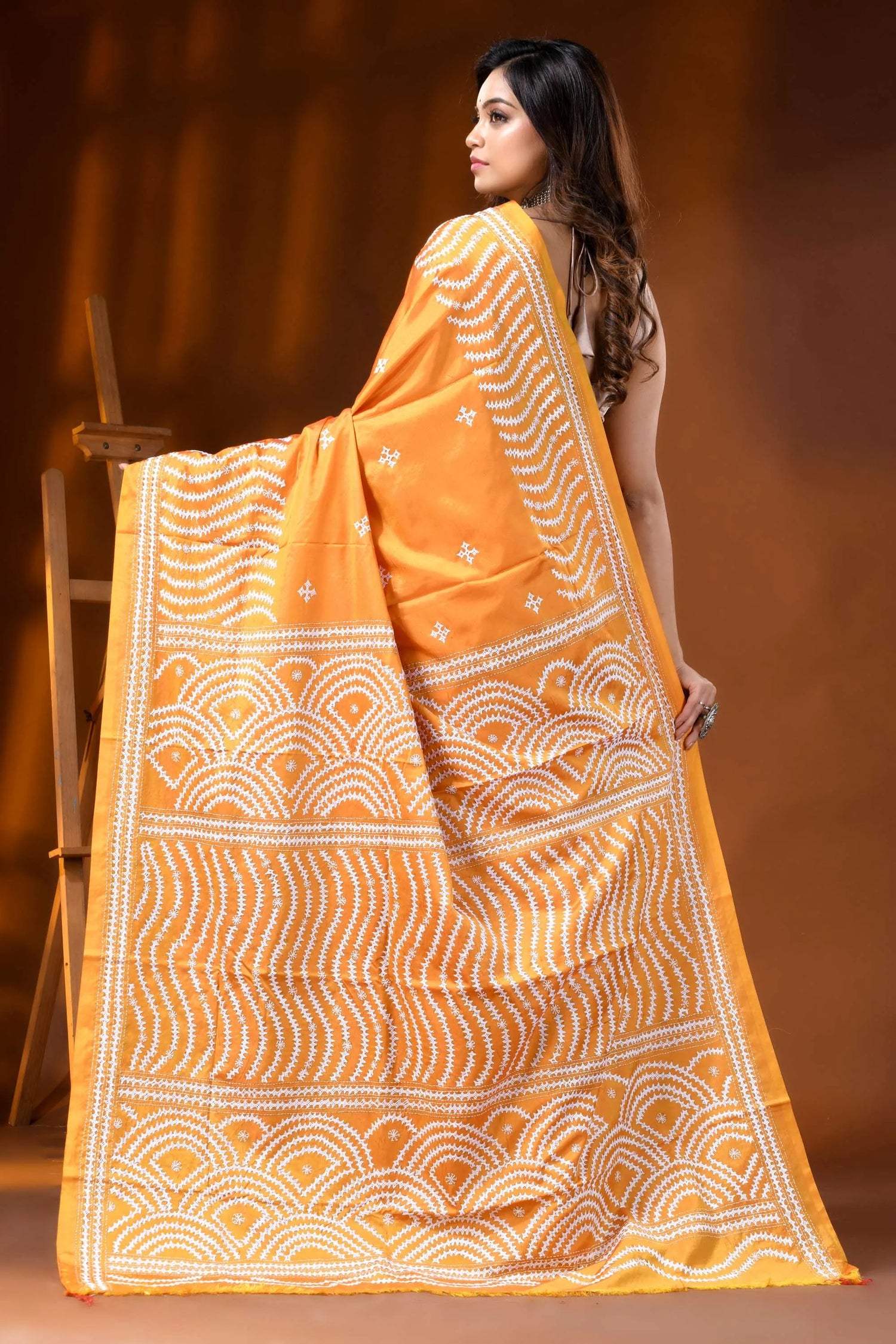 Orange silk handmade kutch work saree with geometric design 5