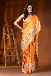Orange silk handmade kutch work saree with geometric design 4