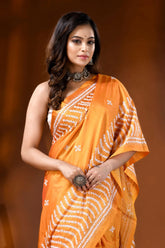 Orange silk handmade kutch work saree with geometric design 2