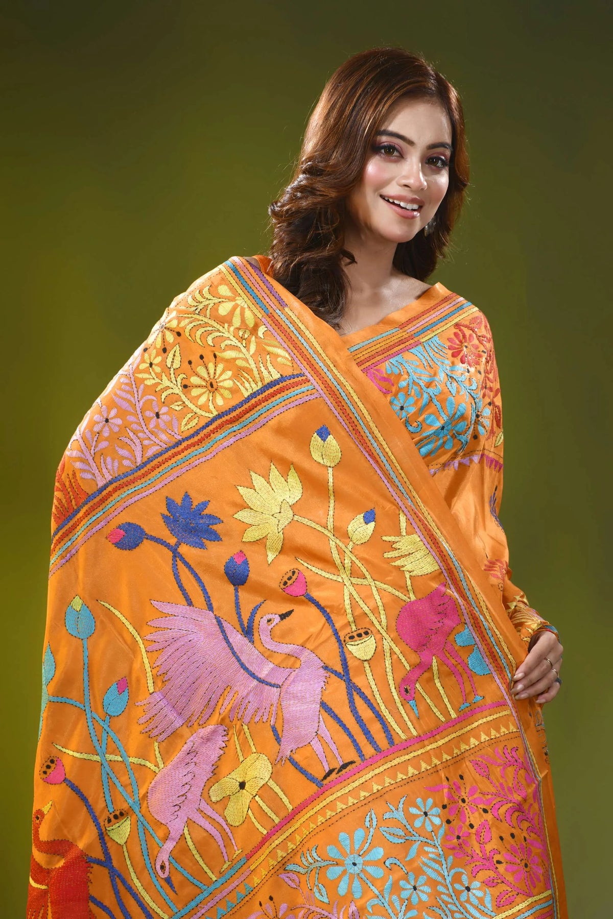 Orange silk kantha saree with hand embroidered bird floral motif 2