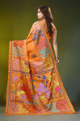 Orange silk kantha saree with hand embroidered bird floral motif 5
