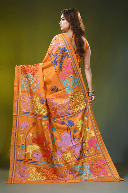 Orange silk kantha saree with hand embroidered bird floral motif 5